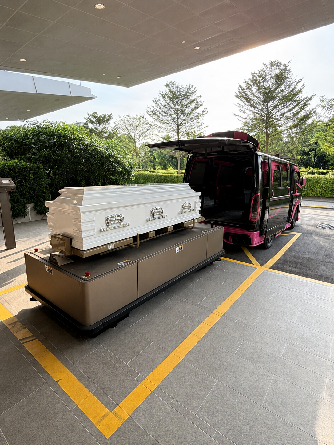 White coffin on a loading platform beside a funeral hearse at a peaceful outdoor funeral facility.